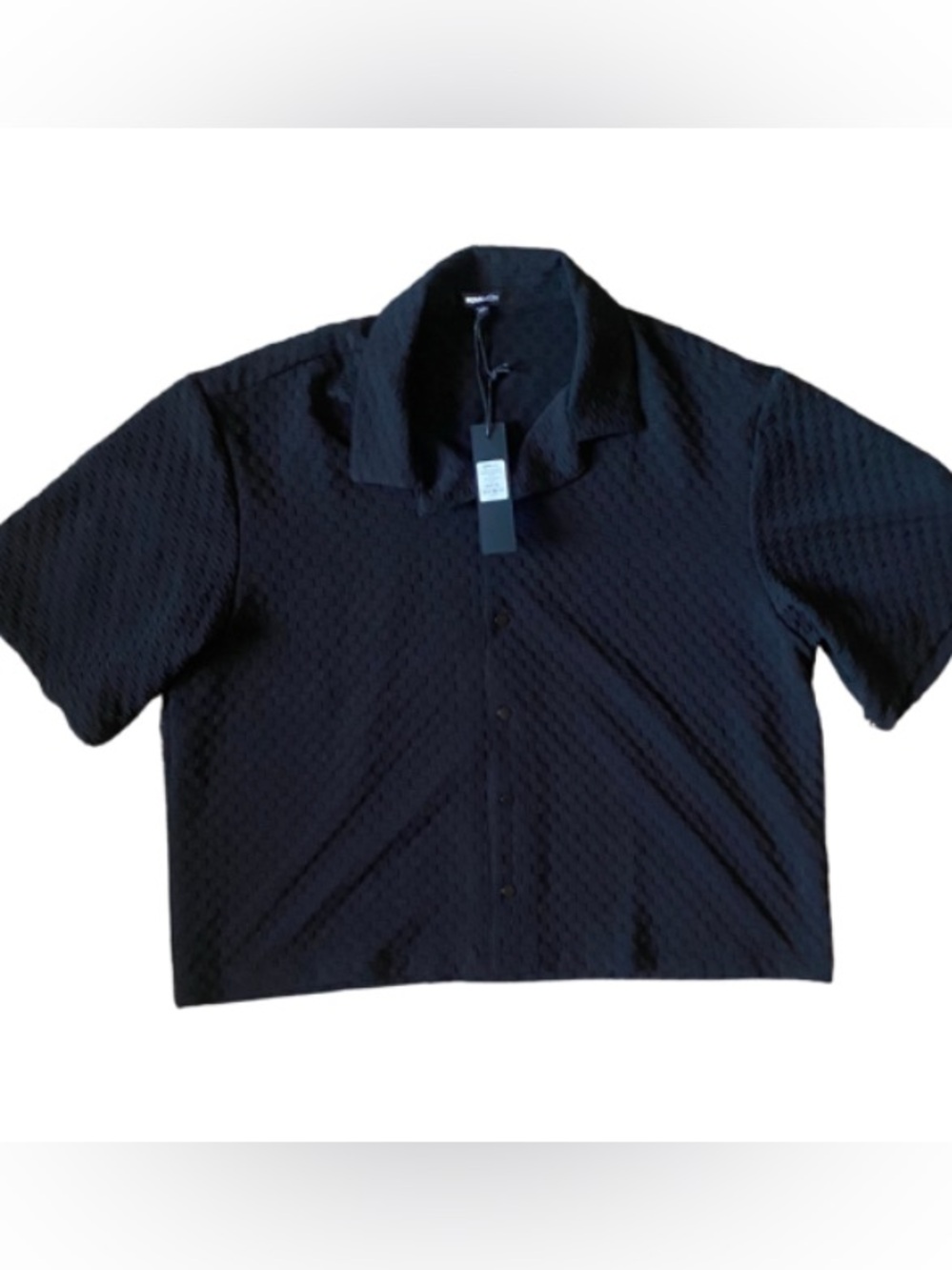 NOVAMEN Black Luxor Textured Cropped Button Up Short-Sleeve Shirt Size XL